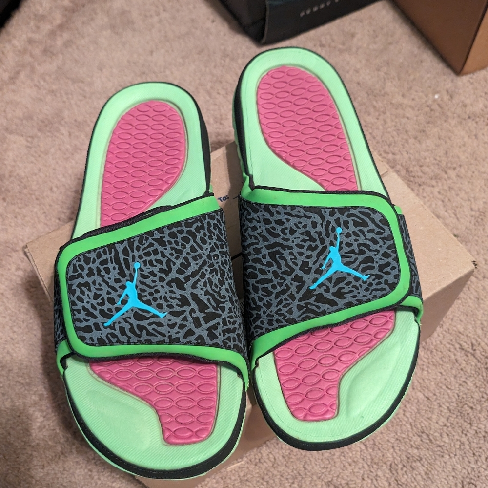 Jordan brand slides pink green black grey